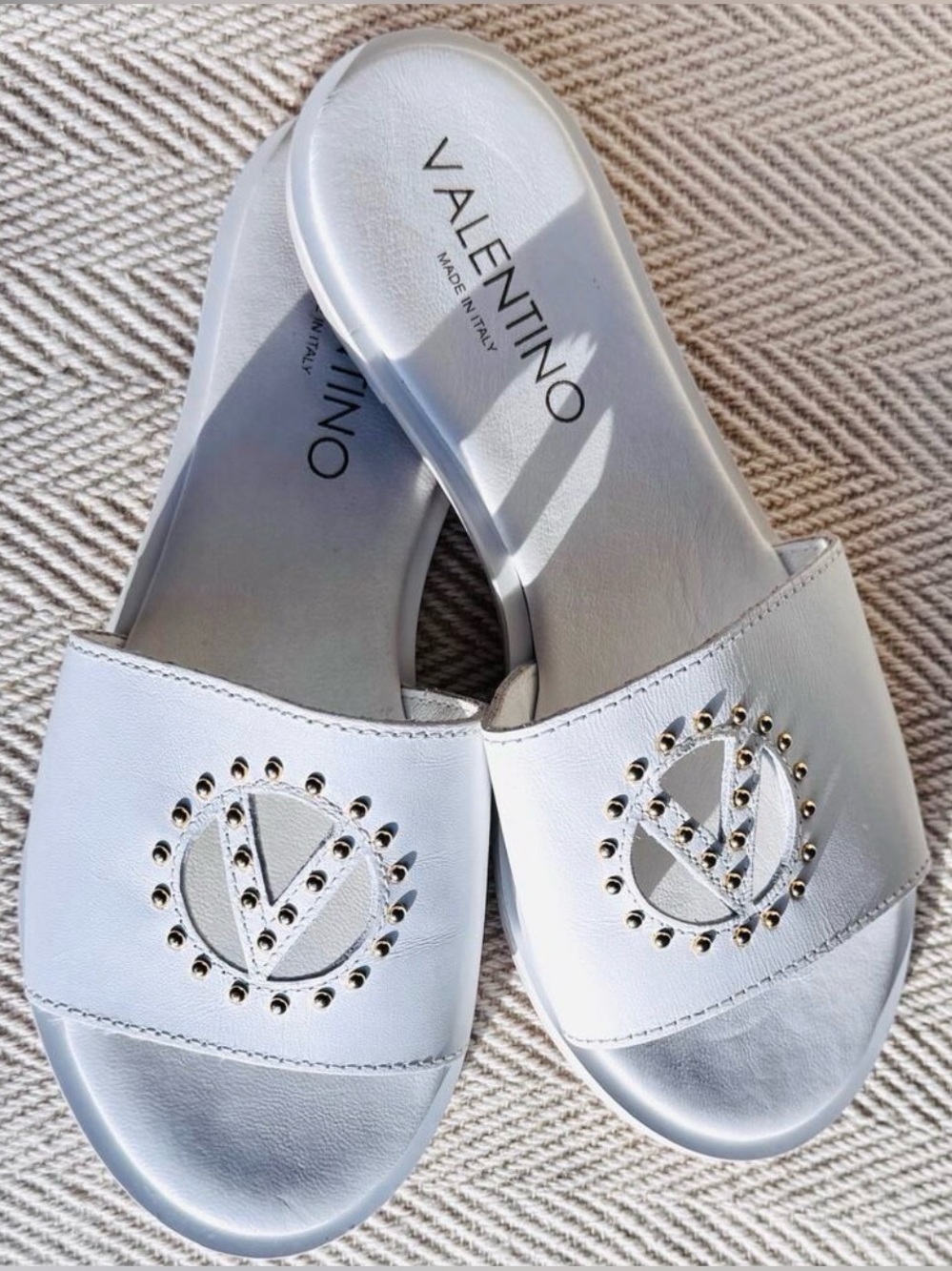 Valentino Mario Valentino Bucola White Gold Studded Logo Sandals Women's Size 6